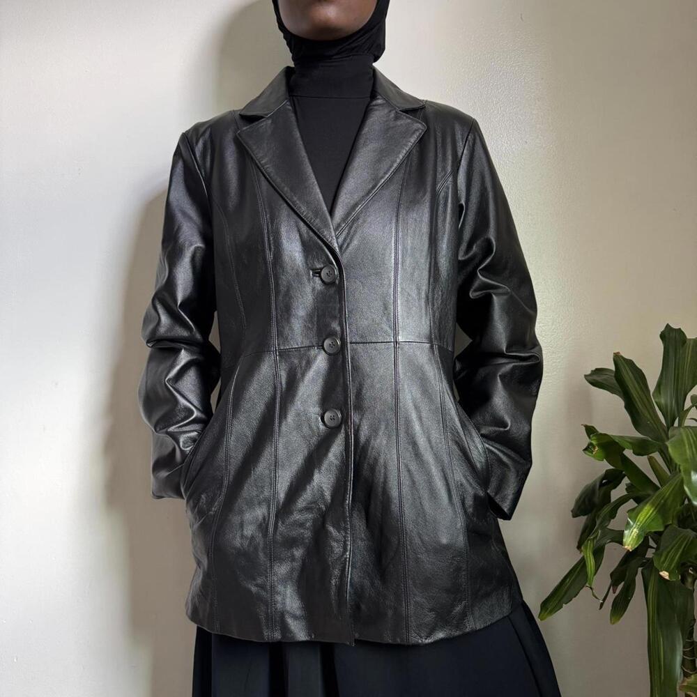 Vintage button-up black leather jacket women’s XL(16/18) - Picture 3 of 6
